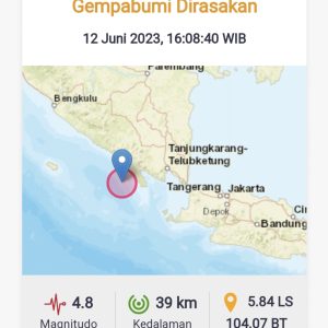 Gempa 4,7 M Guncang Pesisir Barat Lampung