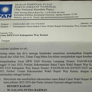 PAN Usulkan Resmen Kadapi dan Galang Rahman Jadi Calon Wakil Bupati Way Kanan